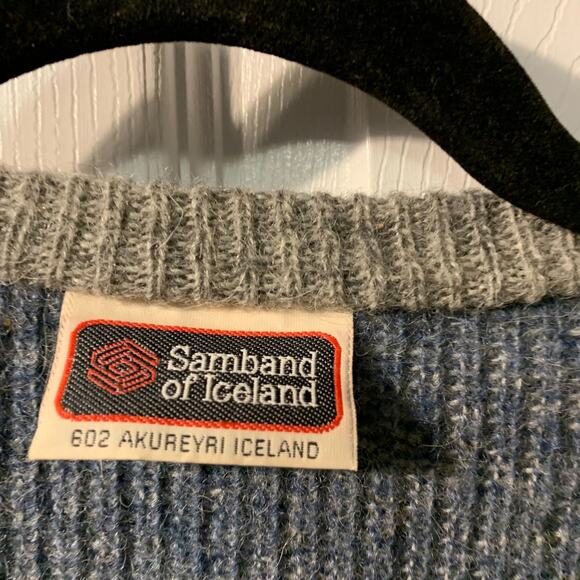 Vintage Samband of Iceland Women's Chunky V Neck Sweater Size L Wool Blue Gray - Picture 8 of 9